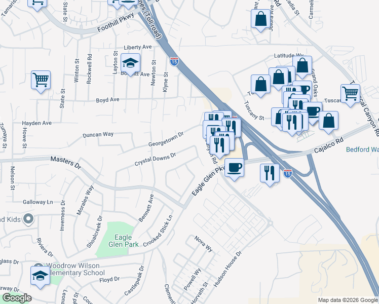 map of restaurants, bars, coffee shops, grocery stores, and more near 2095 Crystal Downs Drive in Corona