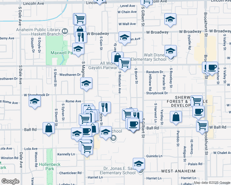 map of restaurants, bars, coffee shops, grocery stores, and more near 2501 West Lorena Drive in Anaheim