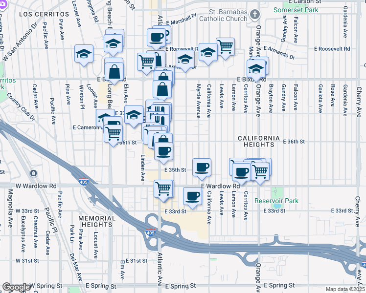 map of restaurants, bars, coffee shops, grocery stores, and more near 3598 Lime Avenue in Long Beach