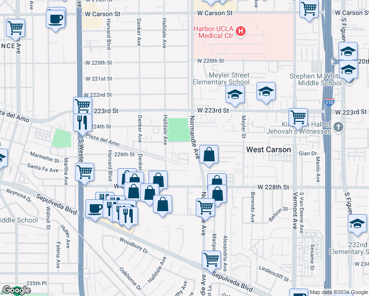 map of restaurants, bars, coffee shops, grocery stores, and more near 1332 West 225th Street in Torrance