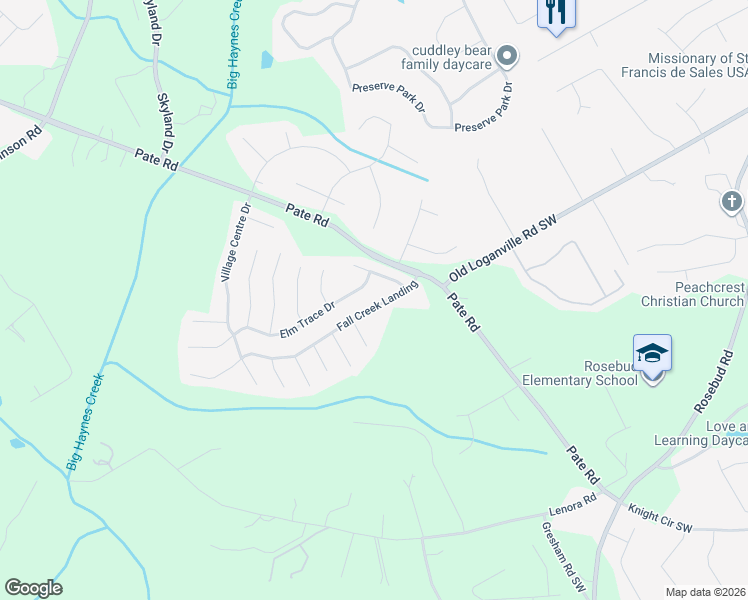 map of restaurants, bars, coffee shops, grocery stores, and more near 2201 Fall Creek Landing in Loganville