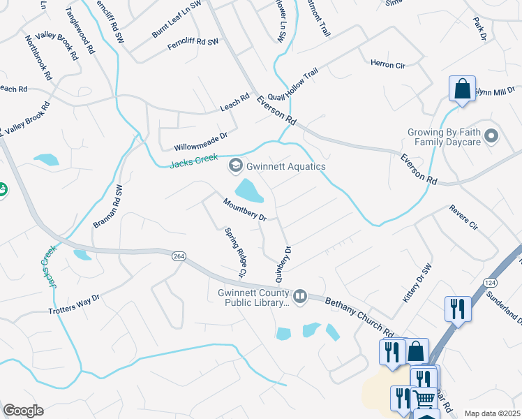 map of restaurants, bars, coffee shops, grocery stores, and more near 2884 Mountbery Drive in Snellville