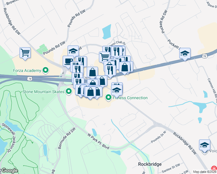 map of restaurants, bars, coffee shops, grocery stores, and more near 5314 Stone Mountain Highway in Stone Mountain