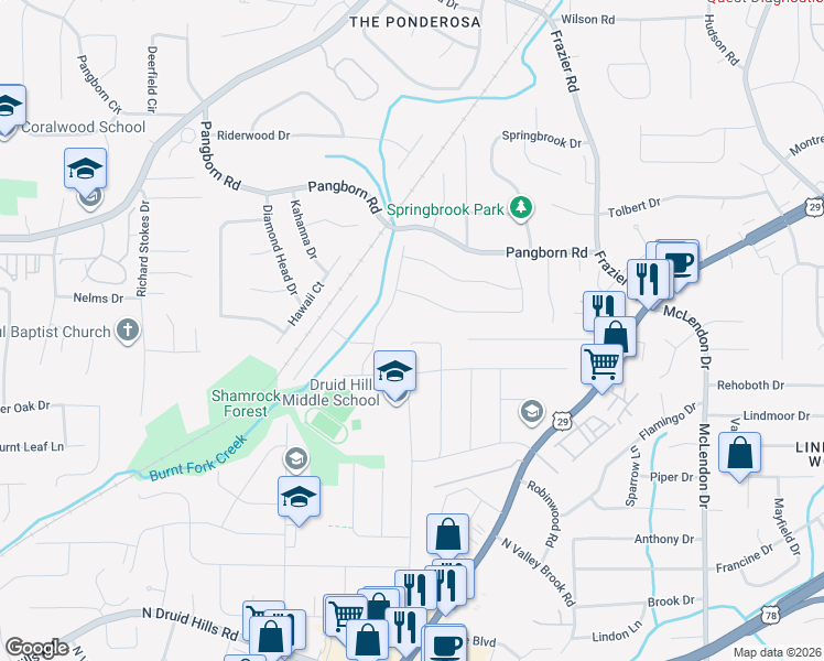 map of restaurants, bars, coffee shops, grocery stores, and more near 2876 Faraday Court in Decatur