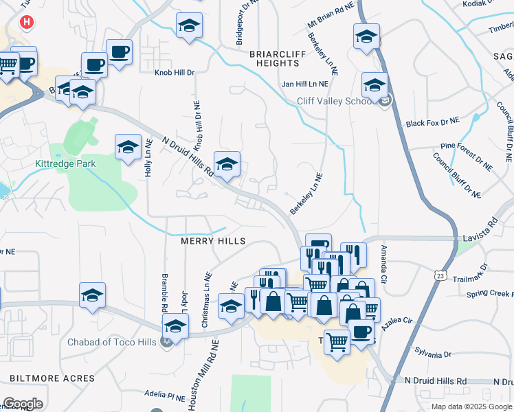 map of restaurants, bars, coffee shops, grocery stores, and more near 1435 Druid Manor Boulevard in Atlanta