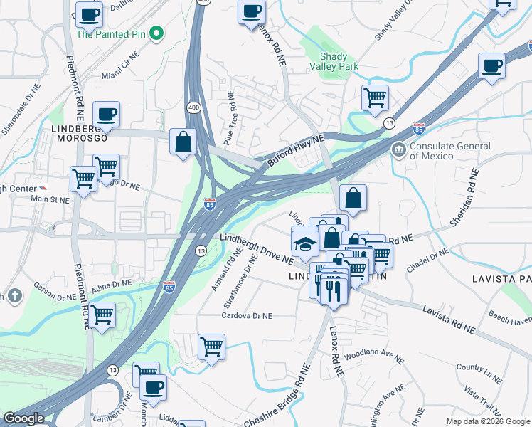 map of restaurants, bars, coffee shops, grocery stores, and more near 1016 Lindridge Drive Northeast in Atlanta