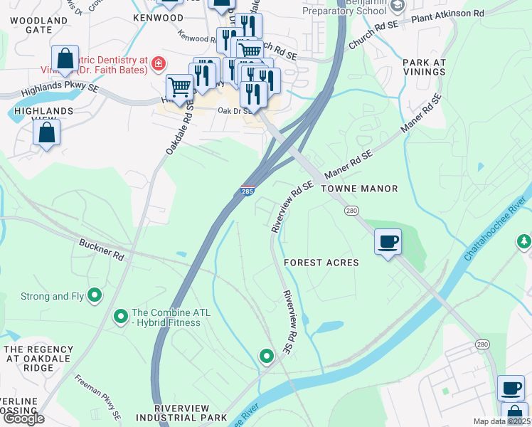 map of restaurants, bars, coffee shops, grocery stores, and more near 5328 Concordia Place in Atlanta