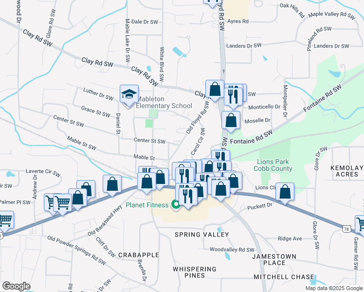 map of restaurants, bars, coffee shops, grocery stores, and more near 5425 Old Floyd Road Southwest in Mableton