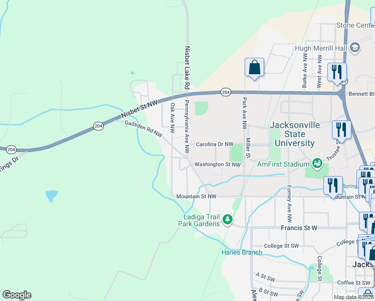 map of restaurants, bars, coffee shops, grocery stores, and more near 600 Gadsden Road Northwest in Jacksonville