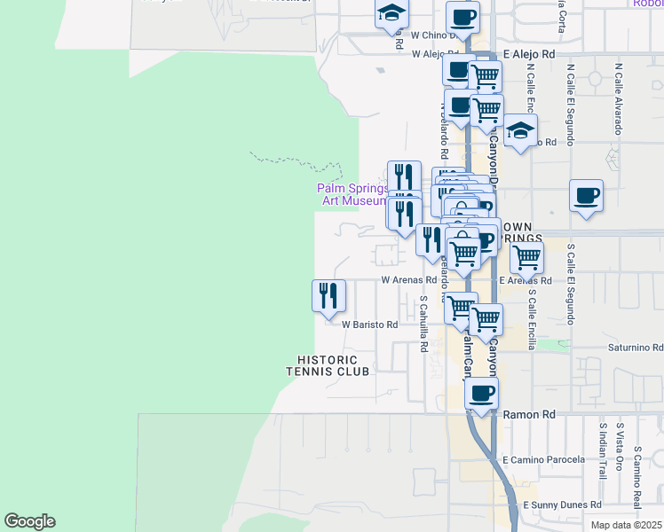 map of restaurants, bars, coffee shops, grocery stores, and more near 151 South Tahquitz Drive in Palm Springs