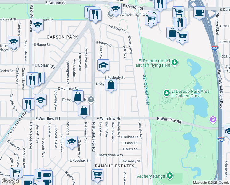 map of restaurants, bars, coffee shops, grocery stores, and more near 3549 Roxanne Avenue in Long Beach