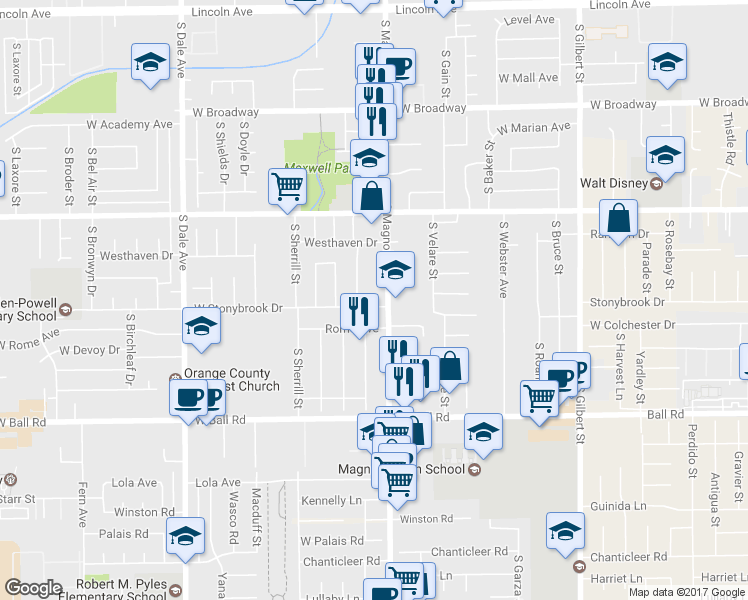 map of restaurants, bars, coffee shops, grocery stores, and more near 2607 West Stonybrook Drive in Anaheim