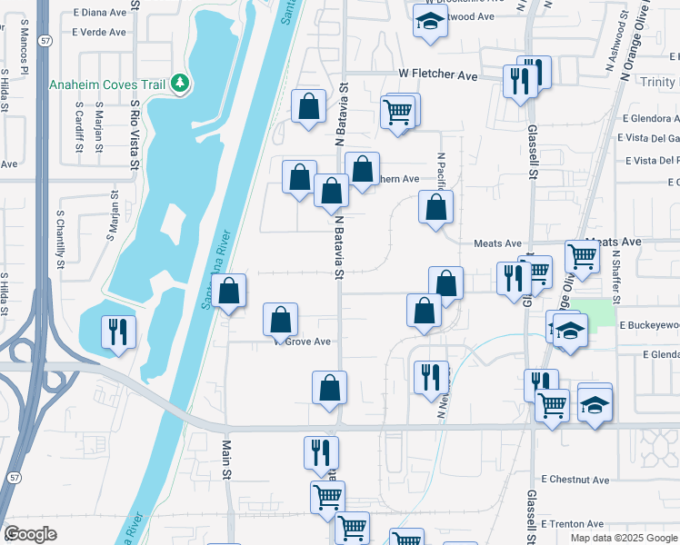 map of restaurants, bars, coffee shops, grocery stores, and more near North Batavia Street in Orange