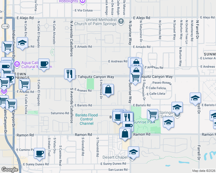 map of restaurants, bars, coffee shops, grocery stores, and more near 1345 Vue Place in Palm Springs