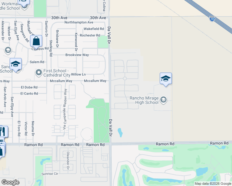 map of restaurants, bars, coffee shops, grocery stores, and more near 153 Via Siena in Rancho Mirage