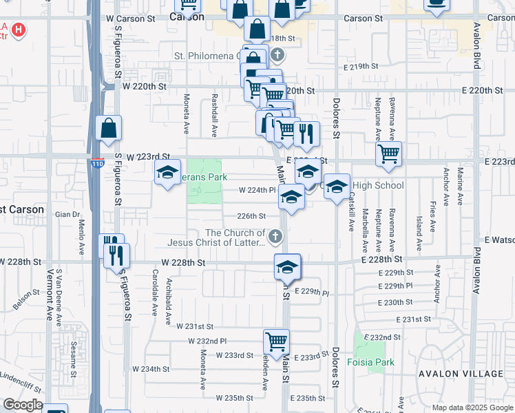 map of restaurants, bars, coffee shops, grocery stores, and more near 140 West 225th Street in Carson
