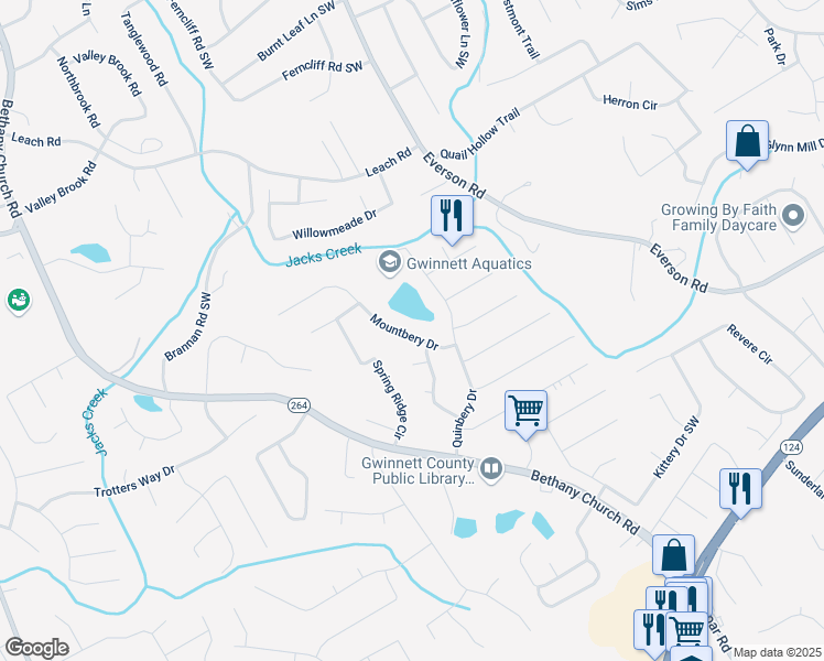map of restaurants, bars, coffee shops, grocery stores, and more near 2866 Mountbery Drive in Snellville