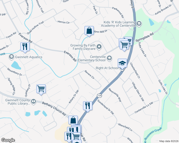 map of restaurants, bars, coffee shops, grocery stores, and more near 3335 Revere Circle in Snellville