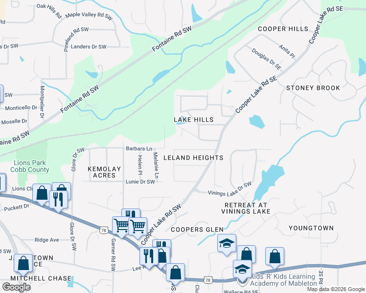 map of restaurants, bars, coffee shops, grocery stores, and more near 126 Strickland Drive Southwest in Mableton