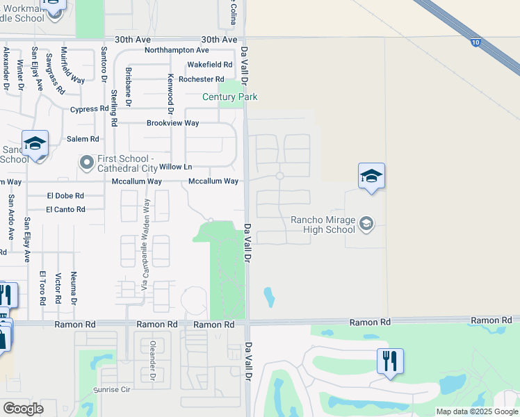 map of restaurants, bars, coffee shops, grocery stores, and more near 162 Via Milano in Rancho Mirage