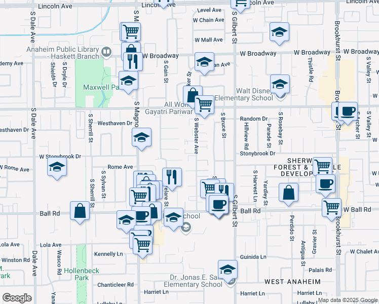 map of restaurants, bars, coffee shops, grocery stores, and more near 2501 West Lorena Drive in Anaheim