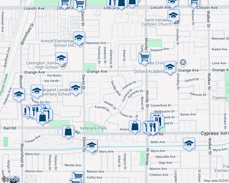 map of restaurants, bars, coffee shops, grocery stores, and more near 9637 Seville Way in Cypress