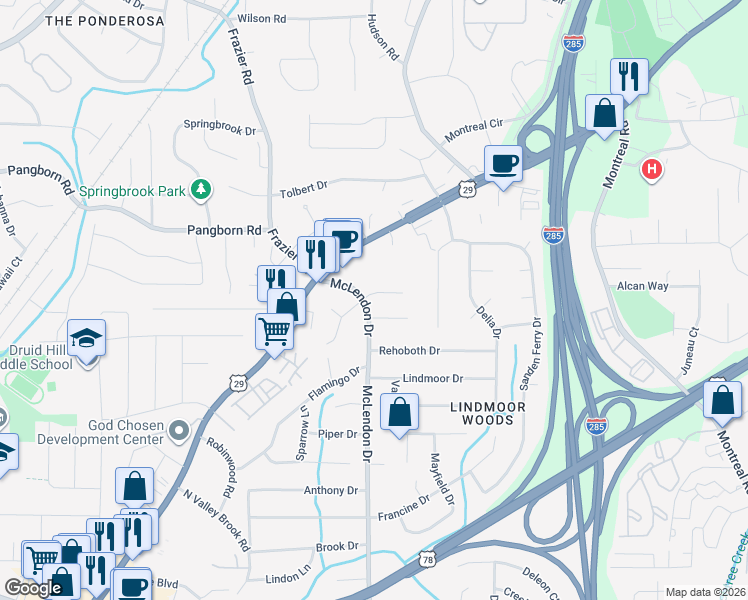 map of restaurants, bars, coffee shops, grocery stores, and more near 1412 Camden Walk in Decatur