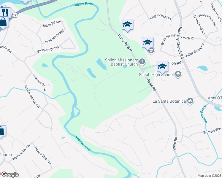 map of restaurants, bars, coffee shops, grocery stores, and more near 4498 Shiloh Ridge Trail in Snellville
