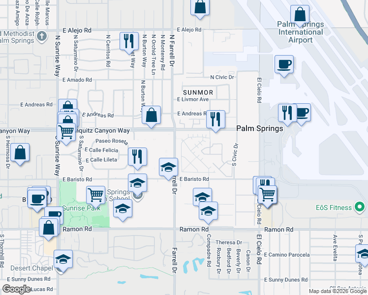 map of restaurants, bars, coffee shops, grocery stores, and more near 125 Vibe Way in Palm Springs