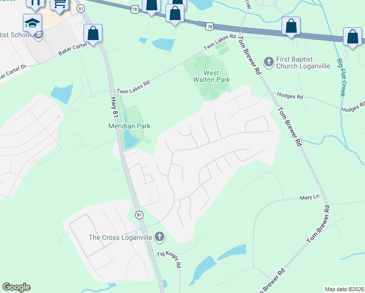 map of restaurants, bars, coffee shops, grocery stores, and more near 136 Tara Boulevard in Loganville