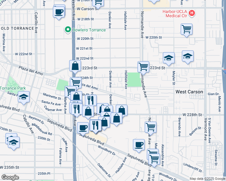 map of restaurants, bars, coffee shops, grocery stores, and more near 1454 West 225th Street in Torrance