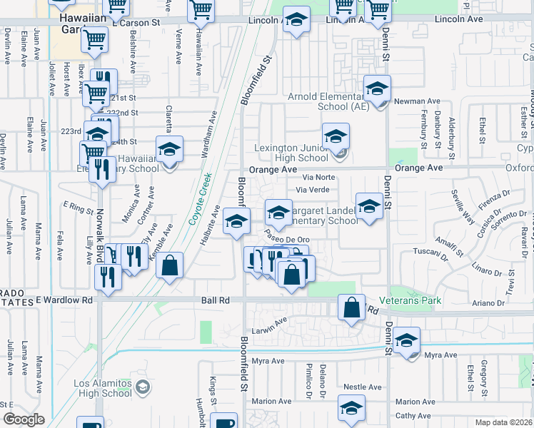 map of restaurants, bars, coffee shops, grocery stores, and more near 9674 Paseo De Oro in Cypress
