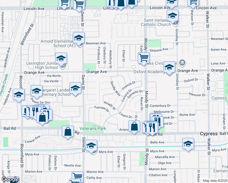 map of restaurants, bars, coffee shops, grocery stores, and more near 9637 Seville Way in Cypress