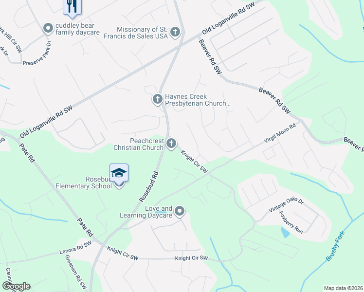map of restaurants, bars, coffee shops, grocery stores, and more near 1360 Knight Circle in Loganville