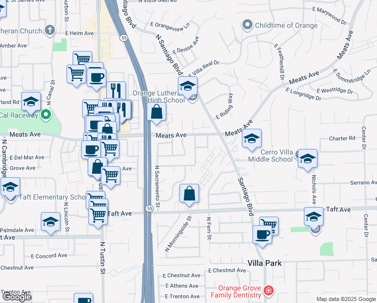 map of restaurants, bars, coffee shops, grocery stores, and more near 2033 North Diamond Street in Orange