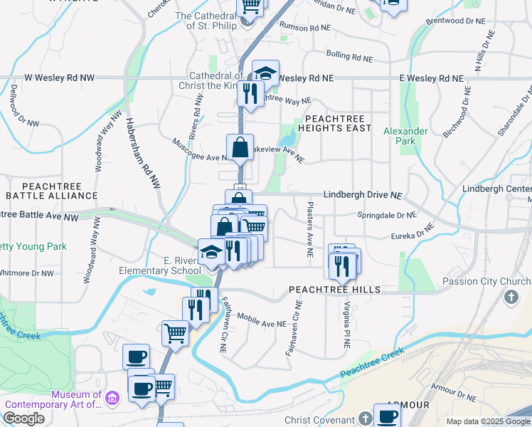 map of restaurants, bars, coffee shops, grocery stores, and more near 104 Terrace Drive Northeast in Atlanta