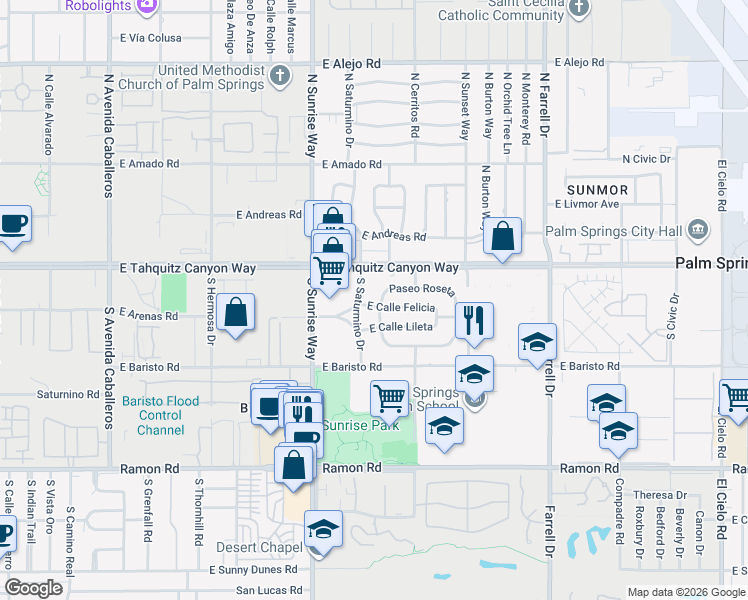 map of restaurants, bars, coffee shops, grocery stores, and more near 150 South Saturmino Drive in Palm Springs