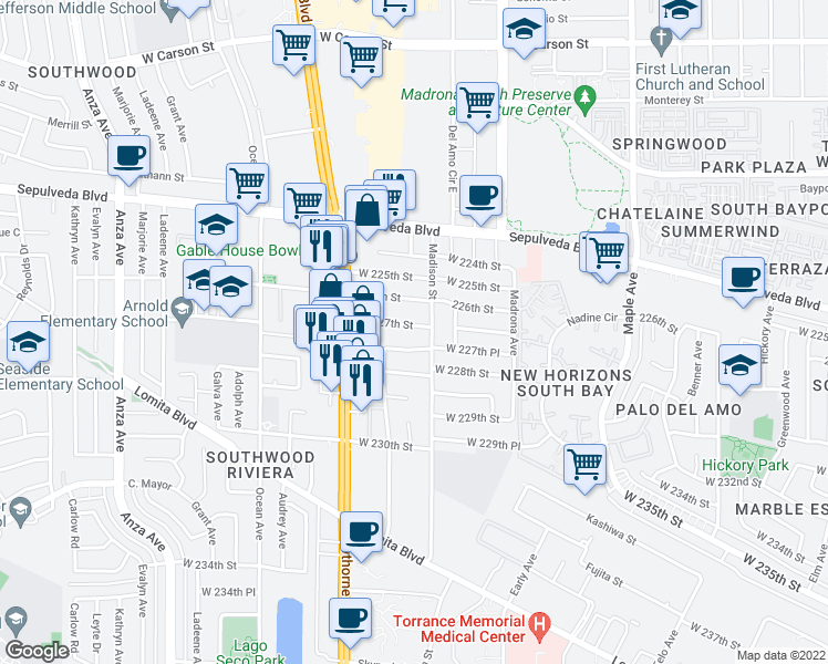 map of restaurants, bars, coffee shops, grocery stores, and more near 3614 West 227th Street in Torrance