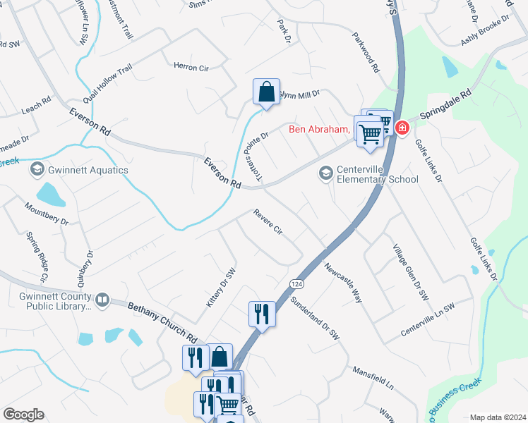 map of restaurants, bars, coffee shops, grocery stores, and more near 3345 Revere Circle in Snellville