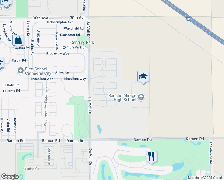 map of restaurants, bars, coffee shops, grocery stores, and more near 180 Via Milano in Rancho Mirage