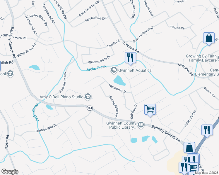 map of restaurants, bars, coffee shops, grocery stores, and more near 2833 Mountbery Drive in Snellville