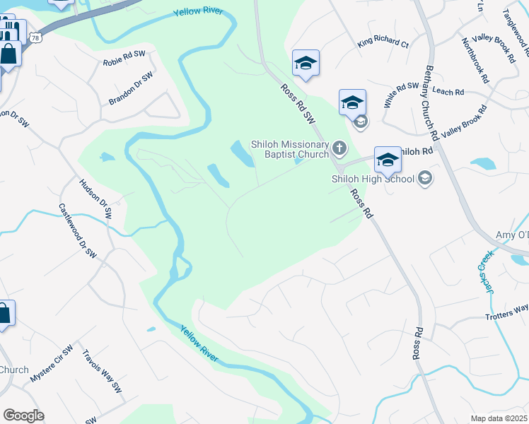 map of restaurants, bars, coffee shops, grocery stores, and more near 4498 Shiloh Ridge Trail in Snellville