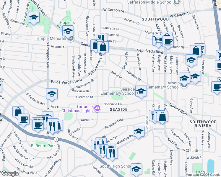 map of restaurants, bars, coffee shops, grocery stores, and more near 22702 Draille Drive in Torrance