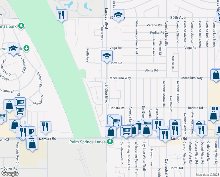 map of restaurants, bars, coffee shops, grocery stores, and more near 31200 Landau Boulevard in Cathedral City