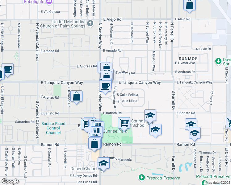 map of restaurants, bars, coffee shops, grocery stores, and more near 150 South Saturmino Drive in Palm Springs