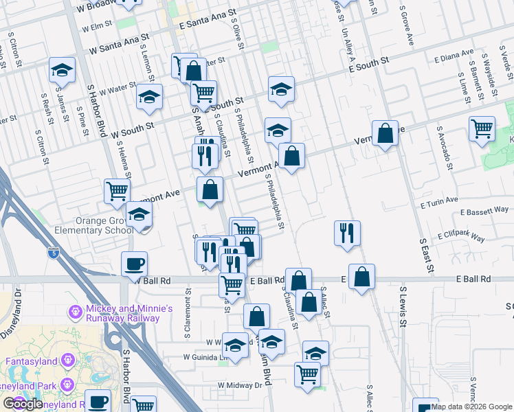 map of restaurants, bars, coffee shops, grocery stores, and more near 216 East Susanne Street in Anaheim