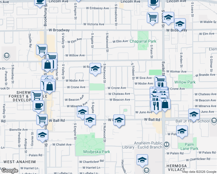 map of restaurants, bars, coffee shops, grocery stores, and more near 725 South Echo Street in Anaheim