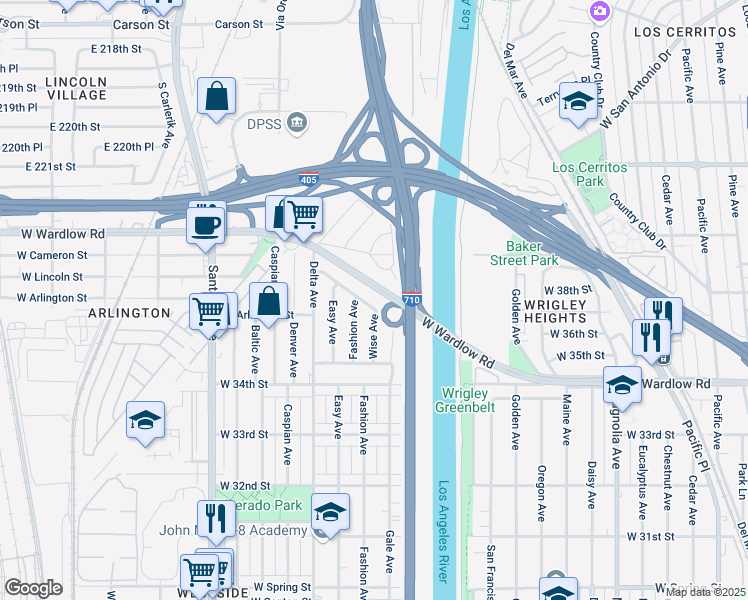 map of restaurants, bars, coffee shops, grocery stores, and more near 1299 West Cameron Street in Long Beach