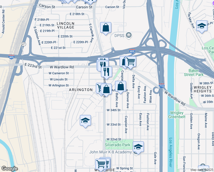 map of restaurants, bars, coffee shops, grocery stores, and more near 3620 Santa Fe Avenue in Long Beach