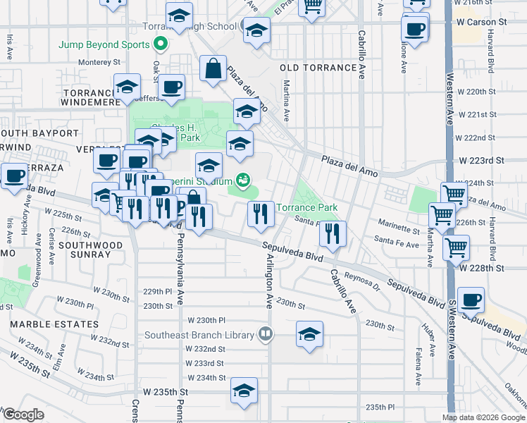 map of restaurants, bars, coffee shops, grocery stores, and more near 2612 Apple Avenue in Torrance